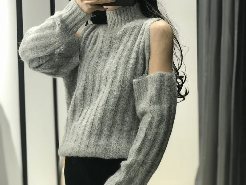 Женский свитер без бретелек с воротником-хомутом, новинка, свободный свитер средней длины с длинными рукавами