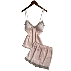 2021 New Sleep Lounge Women Satin Pajamas Set Sleepwear Pyjama Femme V-Neck Spaghetti Strap Pijama with Chest Pads