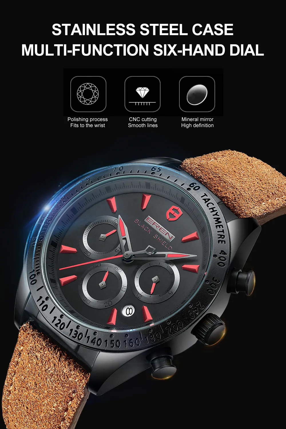 2022 Ever Move Men's Sports Chronograph  Luxury Literal Business Style Multifunctional Leather Real Nail Quartz Watch