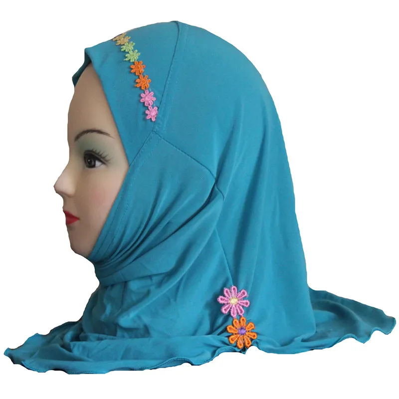 Muslim Hijab Headscarf Islamic Arab Scarf Shawls with Beautiful Flowers for Girls Kids age 2-6 - Цвет: Green