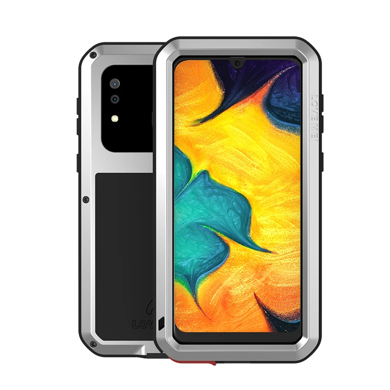Мощный противоударный чехол LOVE MEI для samsung Galaxy A30 A305F A20 A205F, сверхпрочный силиконовый металлический чехол, закаленное стекло - Цвет: Серебристый