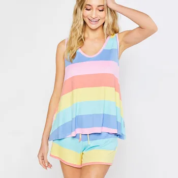 

Womens Rainbow Stripes Short Sleeve Pajama Set Night Lounge Top Short Sleepwear Ladies Girls Plus Size Pajama Home Wear S-5XL