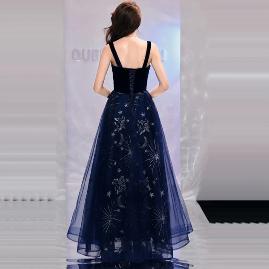 Вечернее платье, модель года, длинное торжественное платье с блестящими звездами, E097, платье на тонких бретелях, темно-синие женские платья для вечеринок