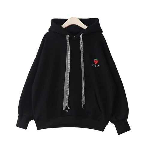 black Neploe Harajuku Милая толстовка женская зимняя с вышивкой клубники Флисовая теплая толстовка с капюшоном пуловер толстовки 56619 - Цвет: black