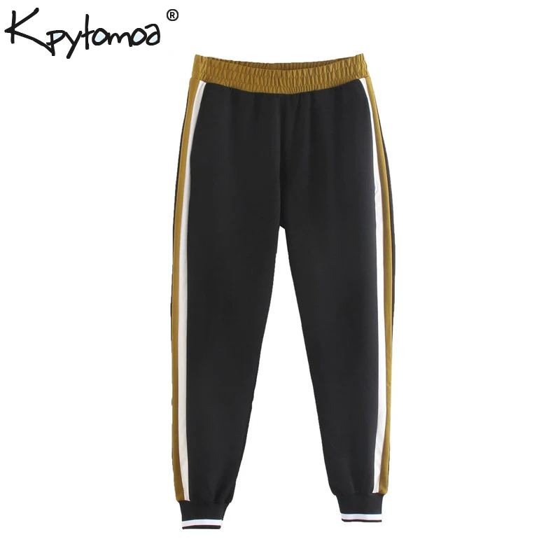 

Vintage Stylish Side Strpied Patchwork Pants Women 2019 Fashion Elastic Waist Streetwear Ankle Trousers Casual Pantalones Mujer