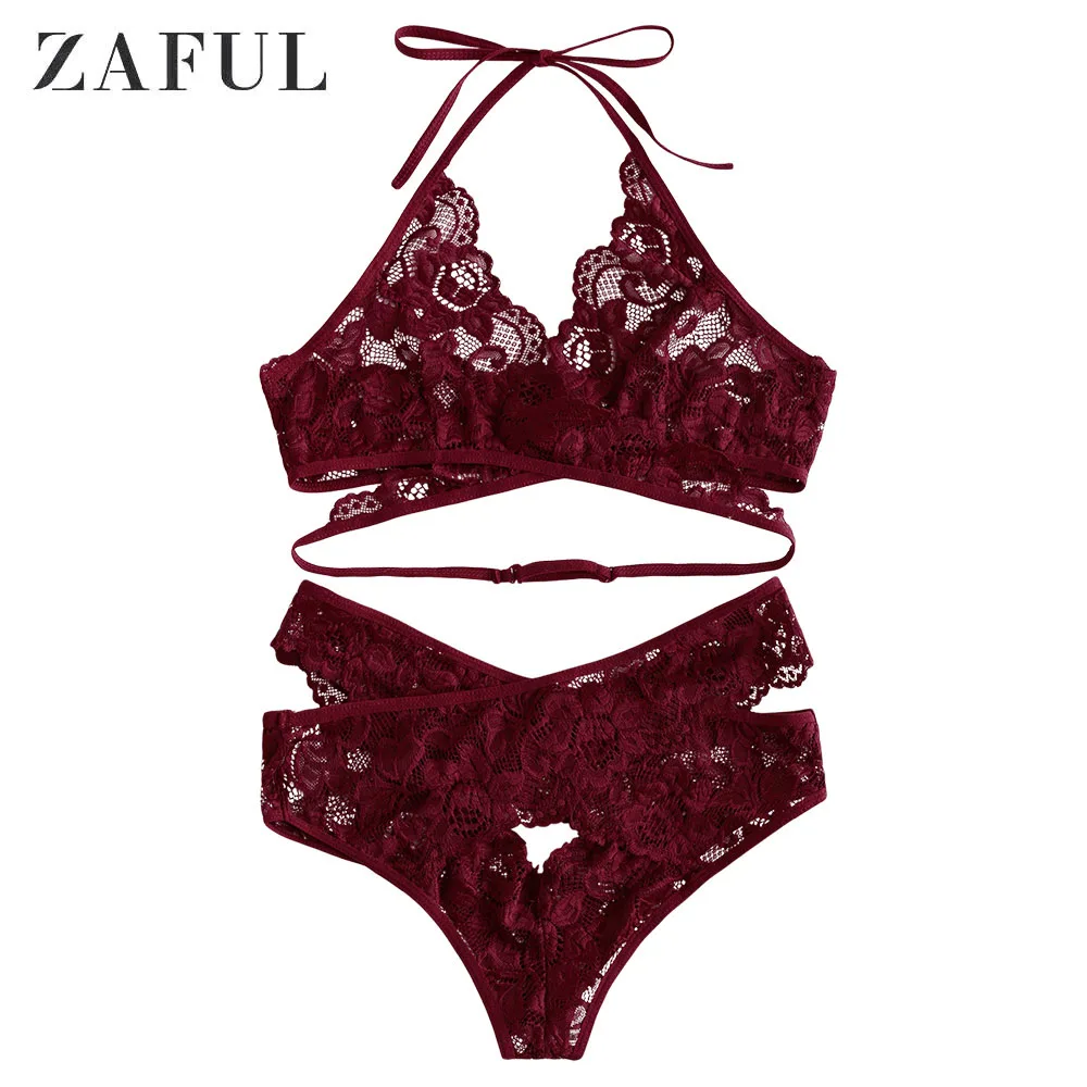 ZAFUL Горячее сексуальное женское белье, бюстгальтер с запахом и трусики, комплект полупрозрачного беспроволочного кружева, без подкладки, три бюстгальтер комплект женского белья