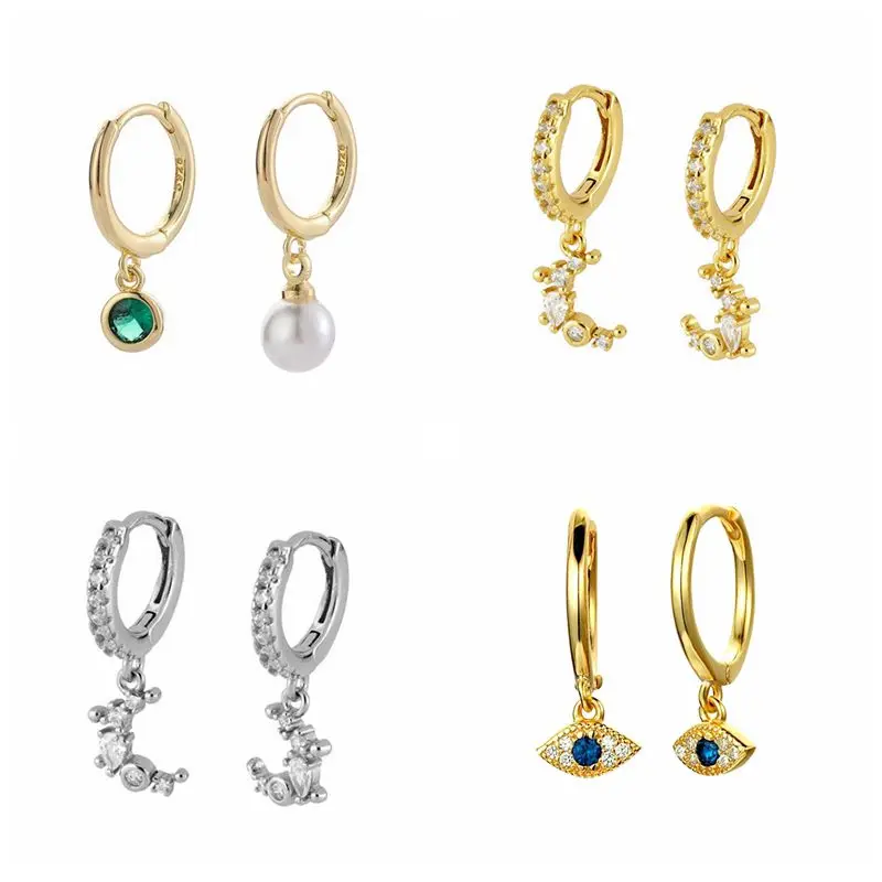 925 Silver Ear Buckle Evil Eye Hoop Earrings Blue Crystal Hanging Prevent Allergy For Women Korean Jewelry | Украшения и