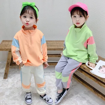 

Autumn fashion girls Color matching sports clothes sets boys stand collar long sleeve pullover and sweatpants
