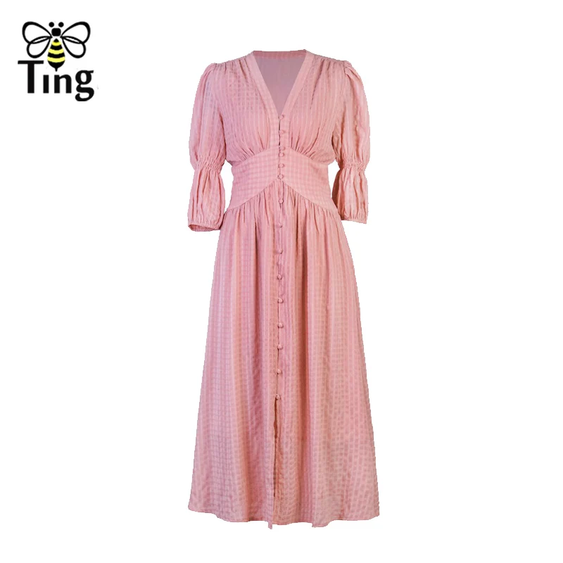 Tingfly, дизайнерское, французское, шикарное, повседневное платье, с длинным рукавом, глубокий v-образный вырез, открытая пуговица, однобортное, миди, длинное платье, платья для вечеринок, Vestidos - Цвет: Розовый
