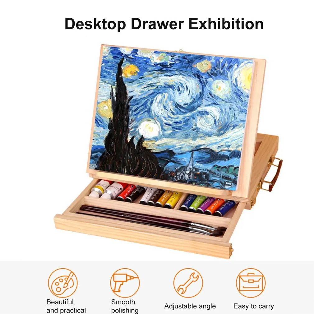  Foldable Wooden Desk Table Easel With Integrated Wooden Box Oil Paint Suitcase Desktop Box Art Supp