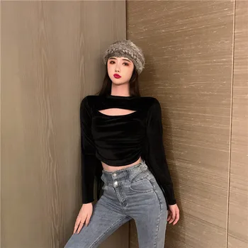 

Lychee Girls Solid Color Velvet Women T Shirt Tee Sexy Autumn Lady T Shirts Tees Drawstring Hollow Out Female Pullovers Tops