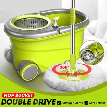 

Floor Cleaning Rotating Hand Wash Squeeze Bucket 2 Easy wring Fiber Heads Set Stainless Steel Basket Microfiber Spin Mop&Bucket
