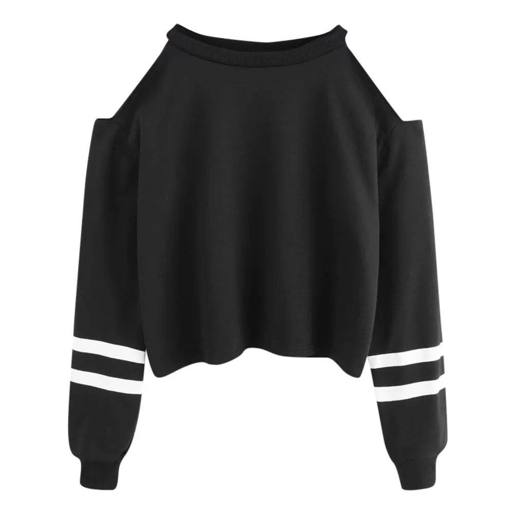 

Spring And Autumn New women's off-the-shoulder long-sleeved Short Sweatshirt Round Neck Pullover Casual Sweatshirt Fashion Black