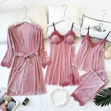 Вечерний комплект с платьем для женщин золотой бархат 4 шт. сексуальное кружевное ночное белье с длинными рукавами и брюки домашняя одежда ночное белье зимнее нижнее белье