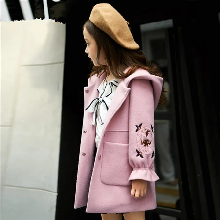 Шерстяное пальто для девочек коллекция года, осенняя плотная детская одежда для девочек осенне-зимняя одежда большое детское шерстяное пальто с капюшоном для девочек - Цвет: Розовый