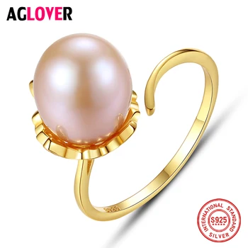 

AGLOVER 925 Sterling Silver Gilt Ring Resizable 11MM Natural Freshwater Pearls Ring Jewelry Women Christmas Gift High Guality
