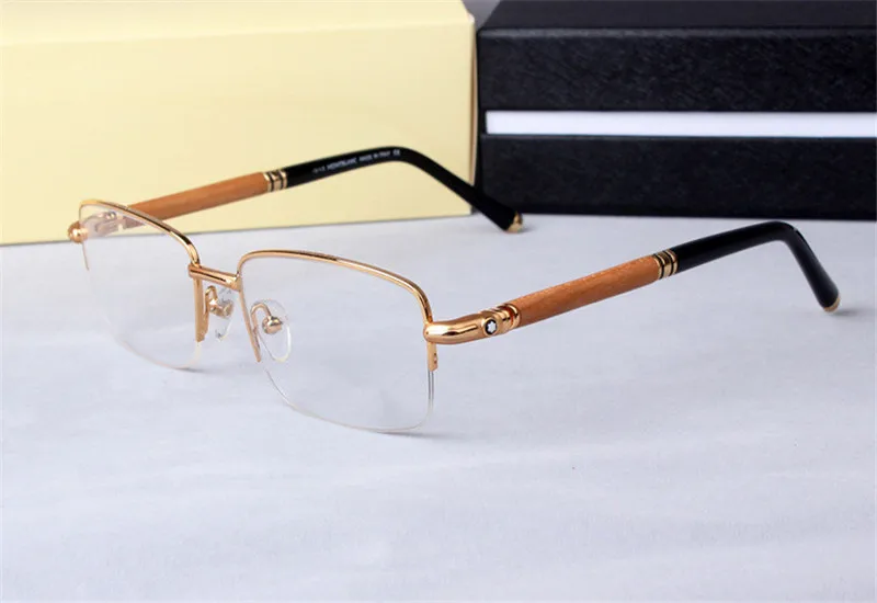 Vintage Wood Temple Glasses Frame Alloy Half Rim Myopia Eyewear Clear ...