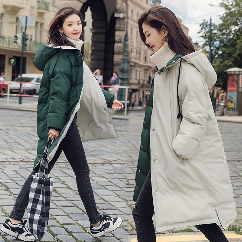 Женская зимняя куртка с обеих сторон, новинка, длинное пальто с капюшоном, теплая парка с хлопковой подкладкой, женские парки A889