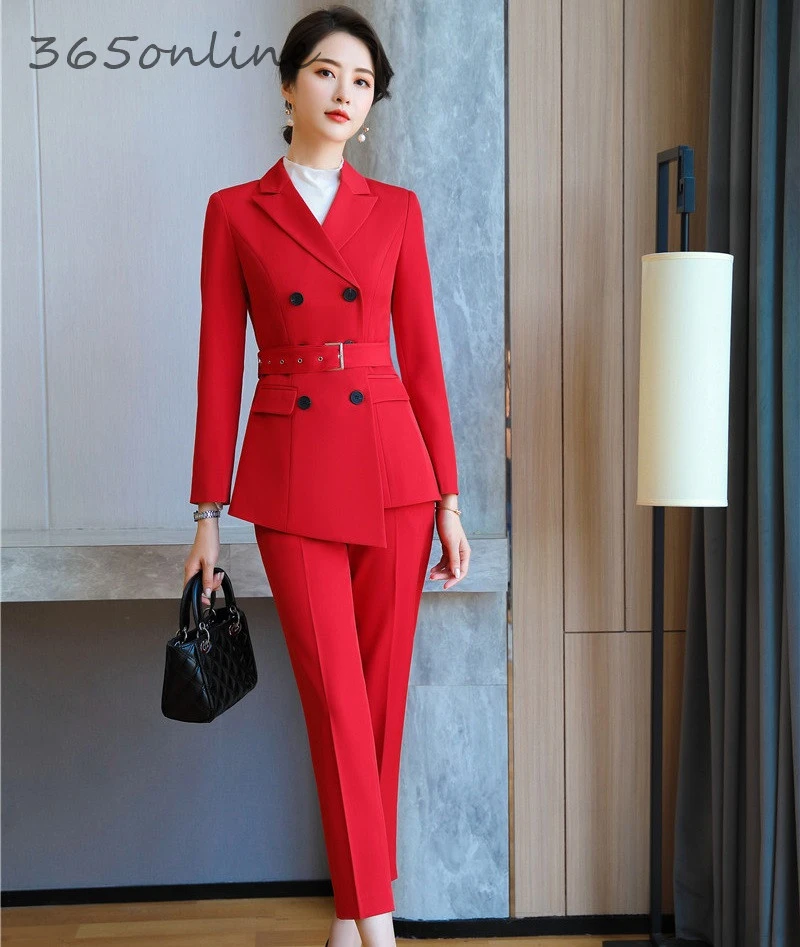 Novelty Red Formal Professional Women Business Suits With 2 Piece Set