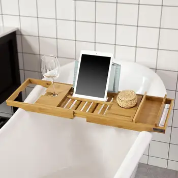 

SoBuy Extendable Bathtub Bridge Tray Rack with iPad Phone Wine Holder,, FRG207-N