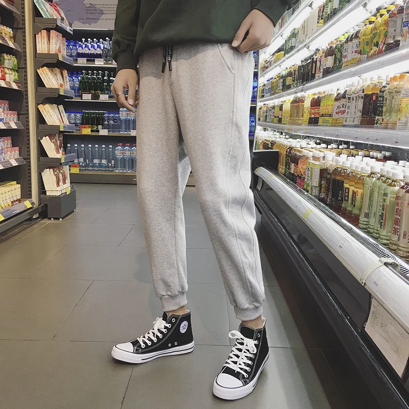 Male Trousers Casual-Pants Long Slim Fit Pants Solid Cotton Joggers String |