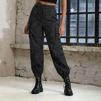 

Autumn Women Pencil Pant High Waist Casual Women Pants Plaid Pockets Cargo Pants Slim Fit Trousers Casual Womens Ladies Trousers