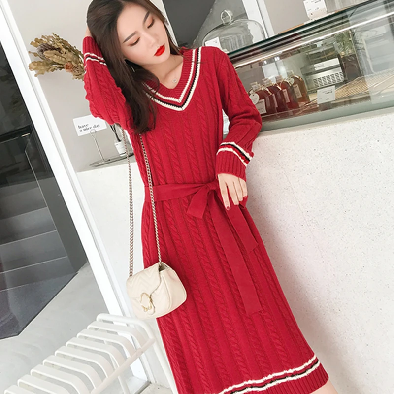 

Fashion Winter Dress Women Sweater Dress Korean Woman V-Neck Knitted Sweaters Dresses Plus Size Women High Waist Vintage Dresses
