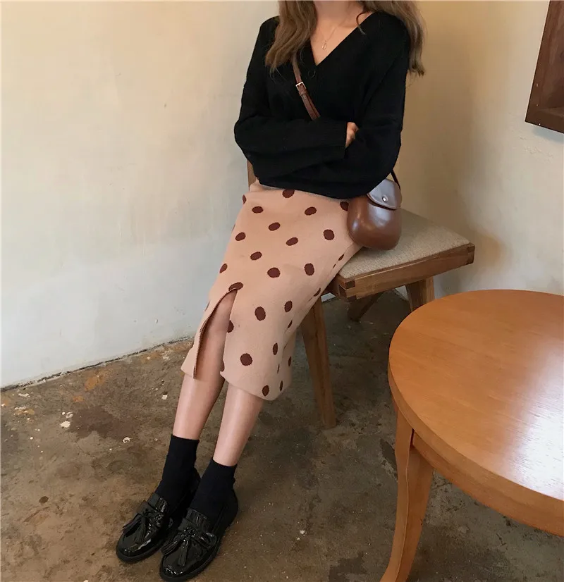 RUGOD Korean Style Dot Skirts High Elastic Waist Dot Split Skirts Knitted Stright Skirts Casual Lady Autumn And Winter