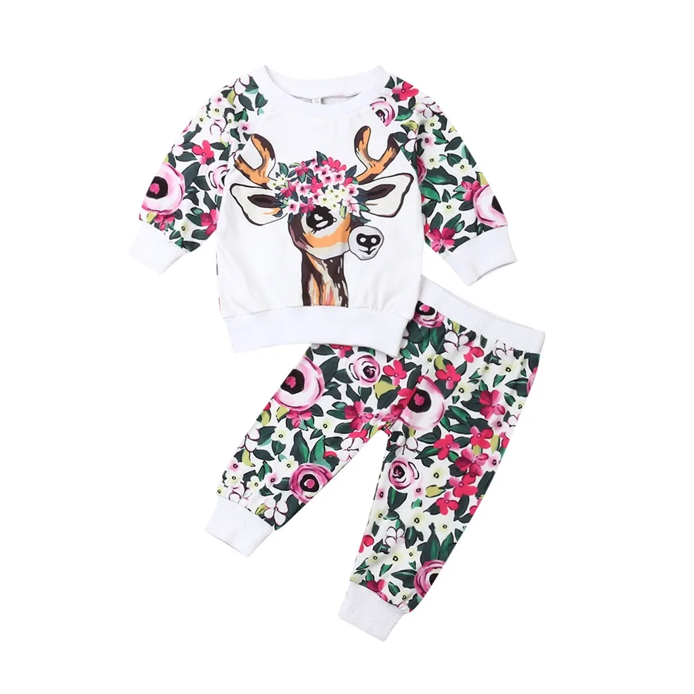 Г. Комплект одежды для маленьких девочек, Осенний Sika с длинными рукавами, топы с рисунком оленя, пуловеры, штаны с цветочным рисунком, комплект одежды из 2 предметов - Цвет: Белый