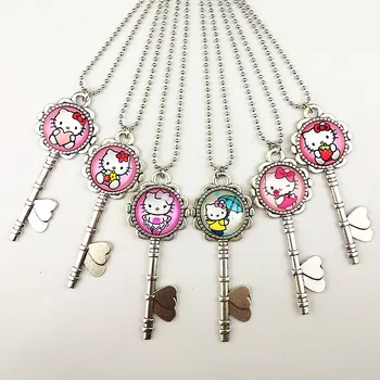 

Jiangzimei 24pcs cartoon KT Cat,Sofia,Snow White,mermaid,cartoon doll silver key Necklace keychain for Girls best gift