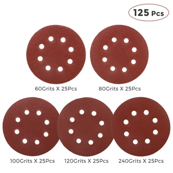 

125pcs 8 Holes Sanding Discs 60 80 100 120 240 Mixed Grit Orbital Sander 5 Inch