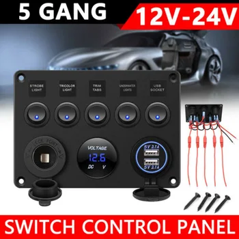 

5 Gang ON-OFF Toggle Rocker Switch Control Panel with Digital Voltmeter 2 USB Charger 12/24V for Car Marine Boat
