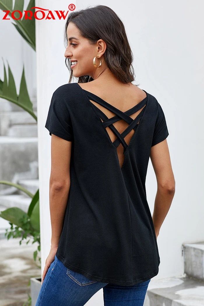 

Solid colour base T-shirt for women 2019 new European version round neck, short sleeves and halter top