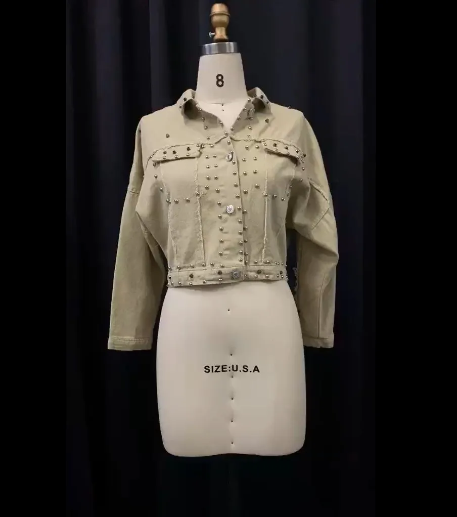 Осенняя Женская куртка Харадзюку с заклепками короткая черная джинсовая базовое