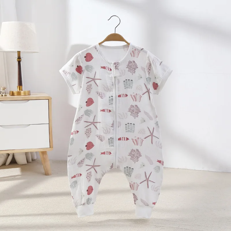 Baby Sleeping Bag Double Gauze Pure Cotton Short Sleeve Spring Summer Children Pajamas Kids Boy Girls Nighty Clothes 0-4T