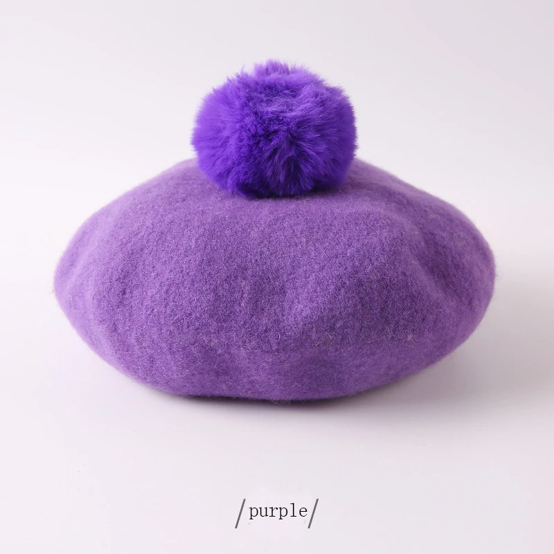 Children Pompoms Beret Hat Solid Color Octagonal Cap Girls Winter Wool Painter Hats For 1-3 Years Kids