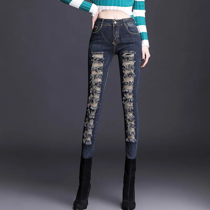 High Waist Denim Pencil Pants for Women Autumn Winter Ripped Female Skinny Stretchy Slimming Skinny Trousers Women Denim Jeans