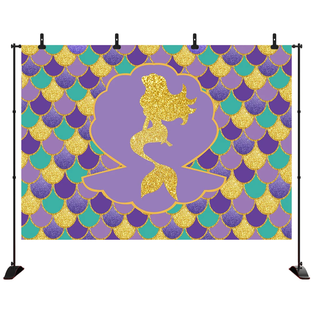 

Under The Sea Little Mermaid Backdrop Glare Glitter Gold Purple Mermaid Scales Photography Background Kids Girls Princess Birthd