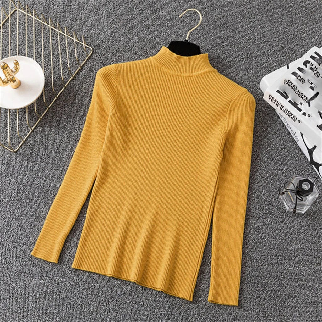 Fashion Blouse Women Top Korean Harajuku Long-sleeved Knitting Shirt  Solid Color Slim Semi-High Collar Elegant Shirts 826