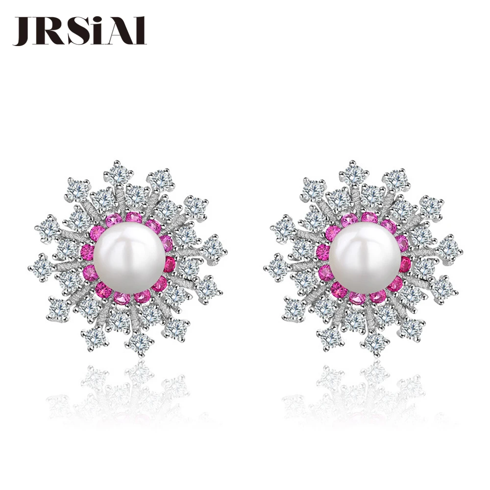 

JRSIAL 925 Sterling Silver Jewelry Zircon Freshwater Pearl Earrings Korean Elegant Accessory Earrings Snowflake Pearl Earrings