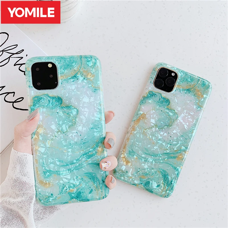 

Fresh Green Color Watercolor Shell Pattern Cover For iphone 6 S 6S 7 8 Plus X XR XS MAX Marble Smooth Case For iphone 11 Pro Max