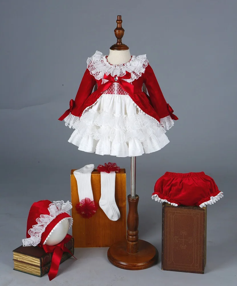 Осень-зима, 4 предмета, носки для маленьких девочек, леггинсы, шляпа, платье принцессы с помпоном, Красное Кружевное рождественское платье с бантом для маленьких девочек на день рождения