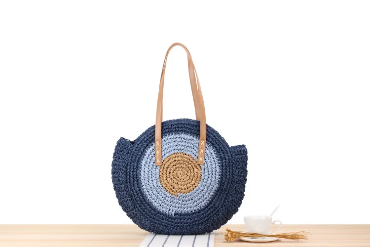 Sac de plage en raphia et paille tissé - Bleu