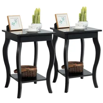 

Set of 2 Accent Side Table Sofa End Table Nightstand Coffee Table w/ Shelf Black