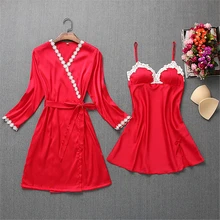 Халат, комплект из двух предметов, халат с подушками на груди, женская сексуальная ночная рубашка, тонкая кружевная Очаровательная Женская одежда на бретельках, свободная удобная одежда для сна