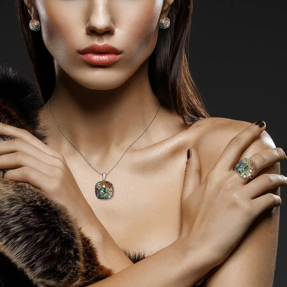 SANTUZZA Jewelry Set For Women 925 Sterling Silver Sparkling Colorful Stones Square Pendant Earrings Ring Set Party Fine Jewelry