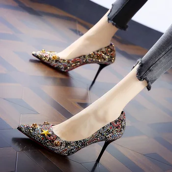 

Sexy Rivet Graffiti Color Matching Banquet Shoes 2020 Spring Pointed Temperament Fine Heels Women's High Heels Elegant Shoes
