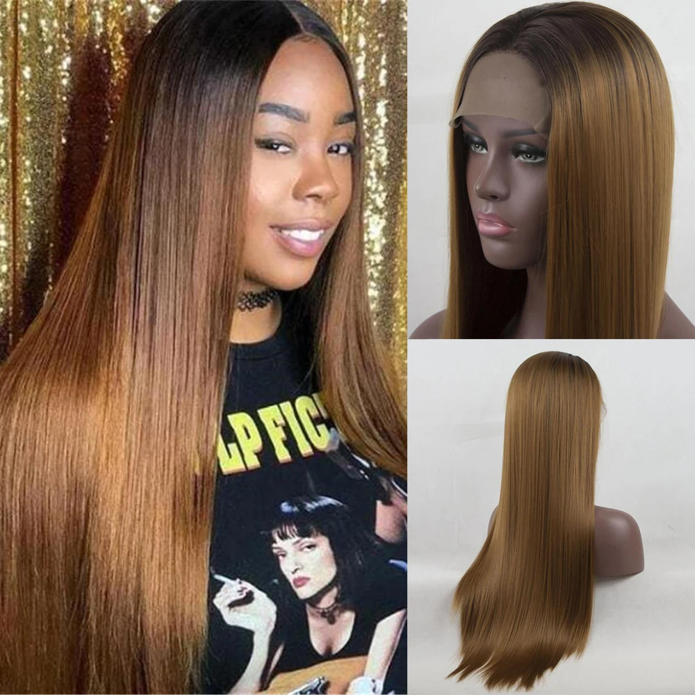 

Ombre Brown Silky Straight Synthetic Hair Wig Heat Resistant Synthetic Lace Front Wigs Natural Hairline with Baby Hair 13x4 Lace