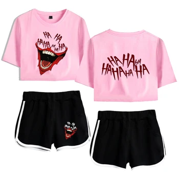 

HAHA Joker Two Piece Set Halloween Crazy Smile Crop Top + Shorts Sweat Suits Women Tracksuit Two Piece Outfits Summer Women Sets