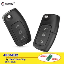 Keyyou controle remoto de flip automotivo, 433mhz 4d63/4d60 para chave ford focus 3 2 mondeo fiesta caixa fob 3 botões 80/40 bit